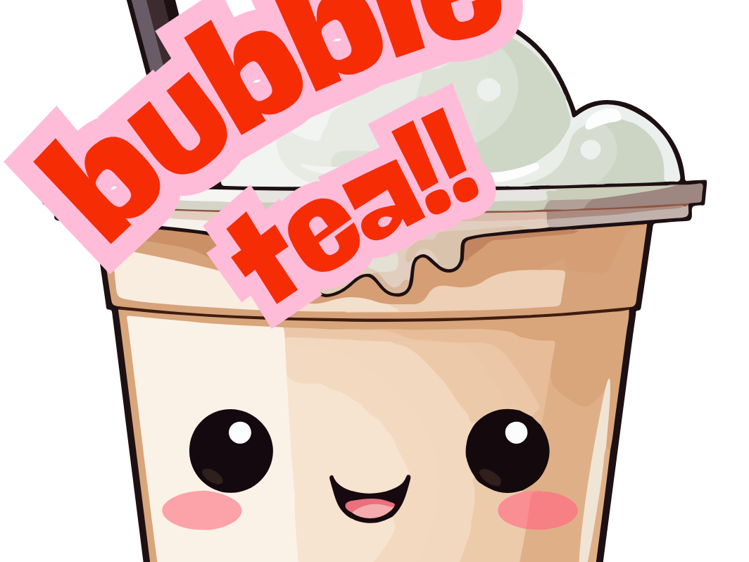Clipart image of bubble tea with a cute face on it with the words bubble tea!!